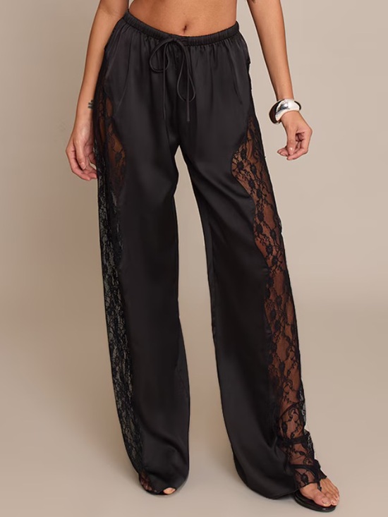 PrettyLittleThing Pants - NWT!! PrettyLittleThing Black Satin Wide-Leg Pants with Lace Side Panels